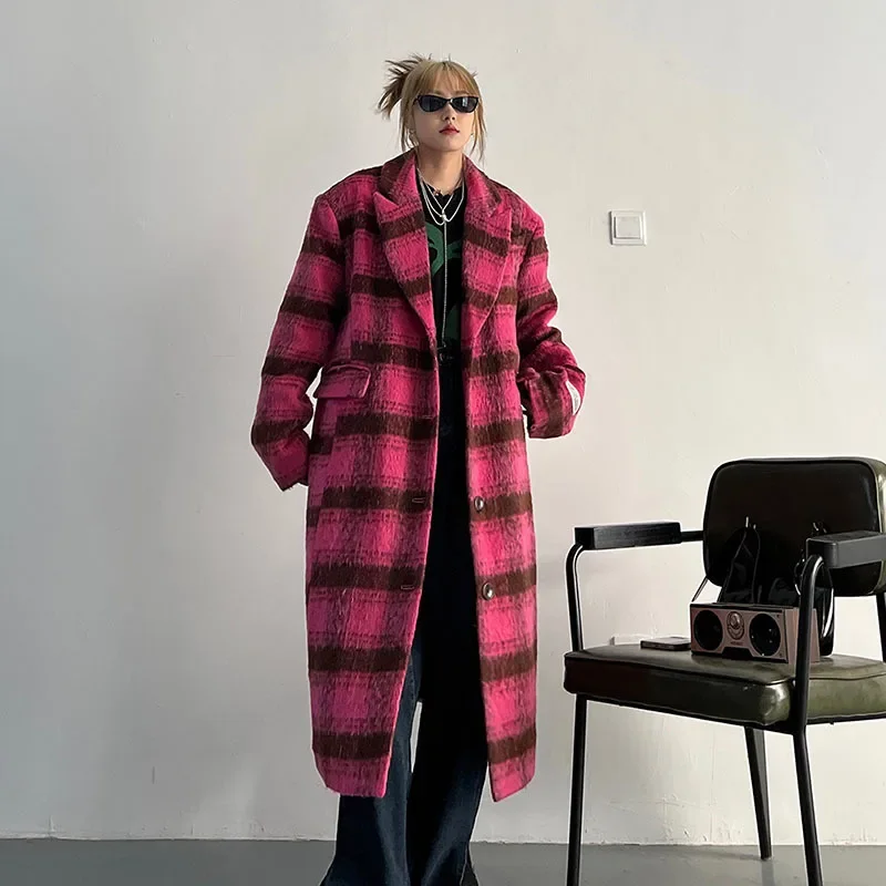 

Autumn Winter Mid-Length Women Plaid Woolen Cloth Coat Casual Notched Collar Long Sleeve Loose Female Imitation Woolen Outerwear