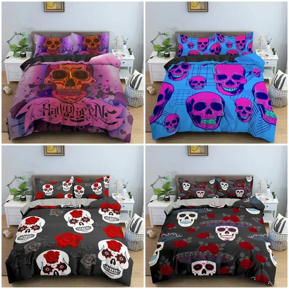 

3D Sugar Flowers Skull Bedding Set Terror Duvet Cover Set With Pillowcase King Queen Twin Full Bedclothes Quilt Cover Home Decor