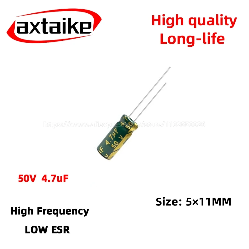 

50PCS 50V4.7uF Aluminum Capacitor, High Frequency Low ESR 105°C Radial for Power Supply Long-life 5×11MM
