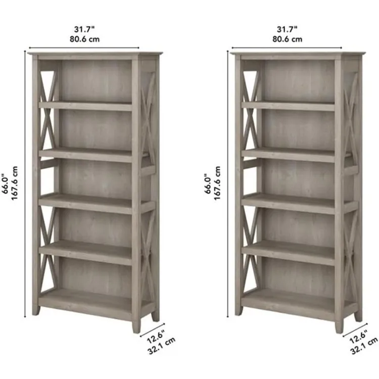 ตู้หนังสือ West 5 Shelf - ชุดชั้นวางหนังสือสูง 2 ชั้นในชั้นวางจอแสดงผลแข็งแรงทนทานสีเทาล้างสําหรับห้องสมุดห้องนั่งเล่นและบ้าน