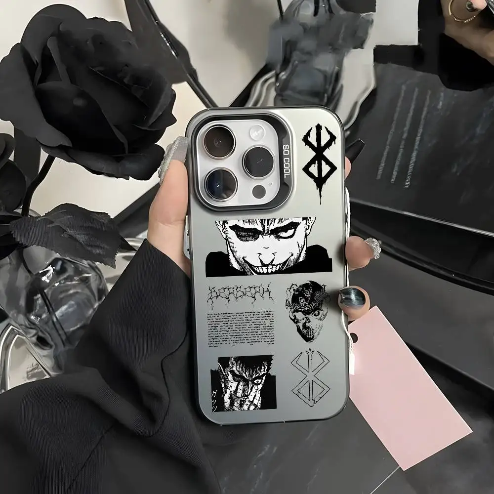 حافظة هاتف رائعة من أنيمي B-Berserk لهاتف آيفون 17 16 15 14 13 12 11 Pro Max Air متعدد الألوان ماتي ليزر معدني أورورا فوندا