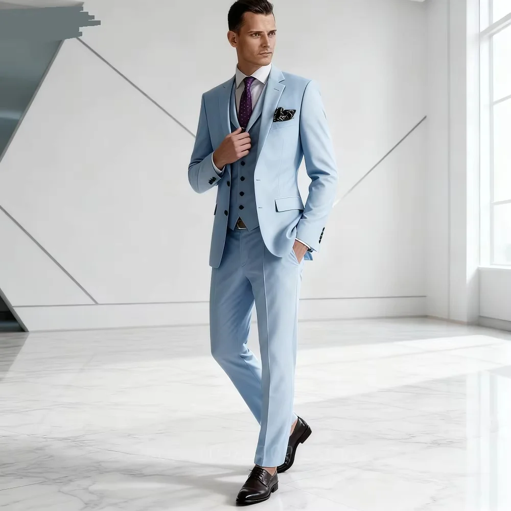 

Blue Men Suit 3 Pieses Blazer With Notch Lapel And Pocket For Wedding Birthday Business Party Office Work Jacket Vest With Pants