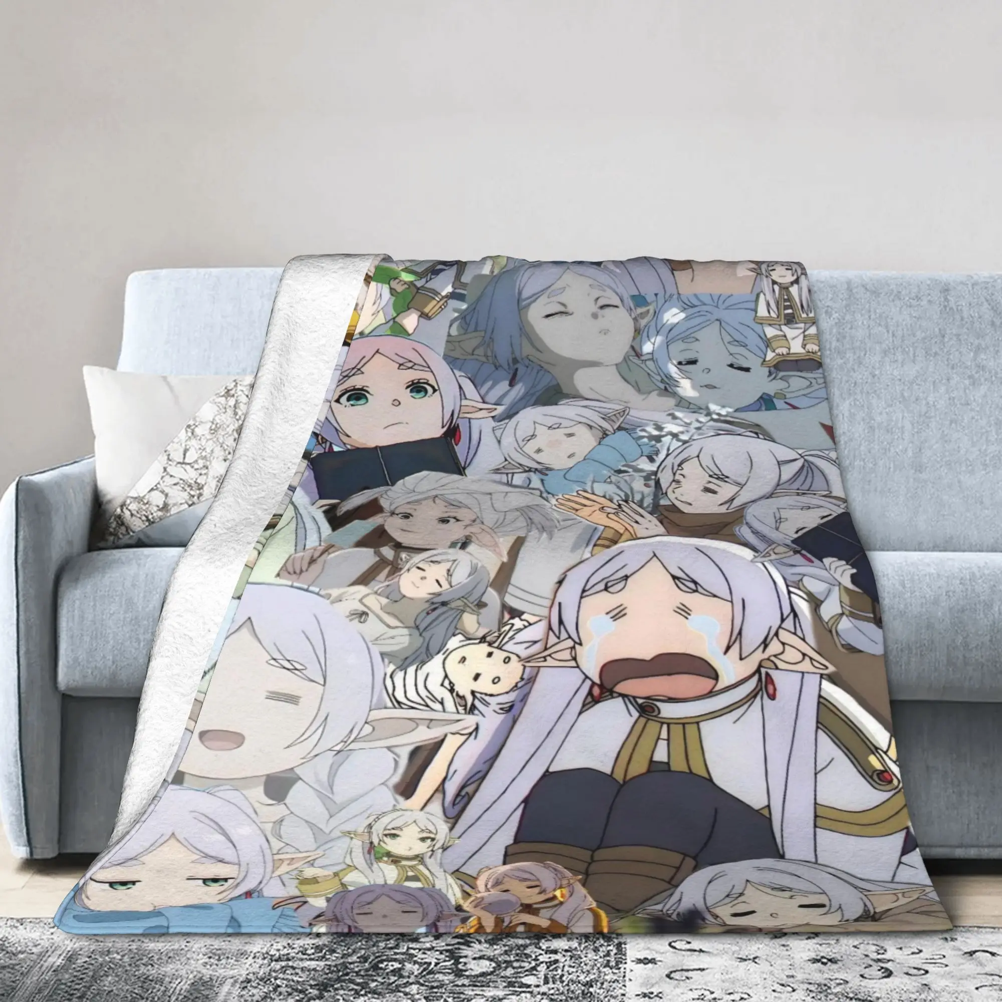 Frieren Anime Knitted Blankets Flannel  Super Soft Throw Blankets for Outdoor Travel Bedspread