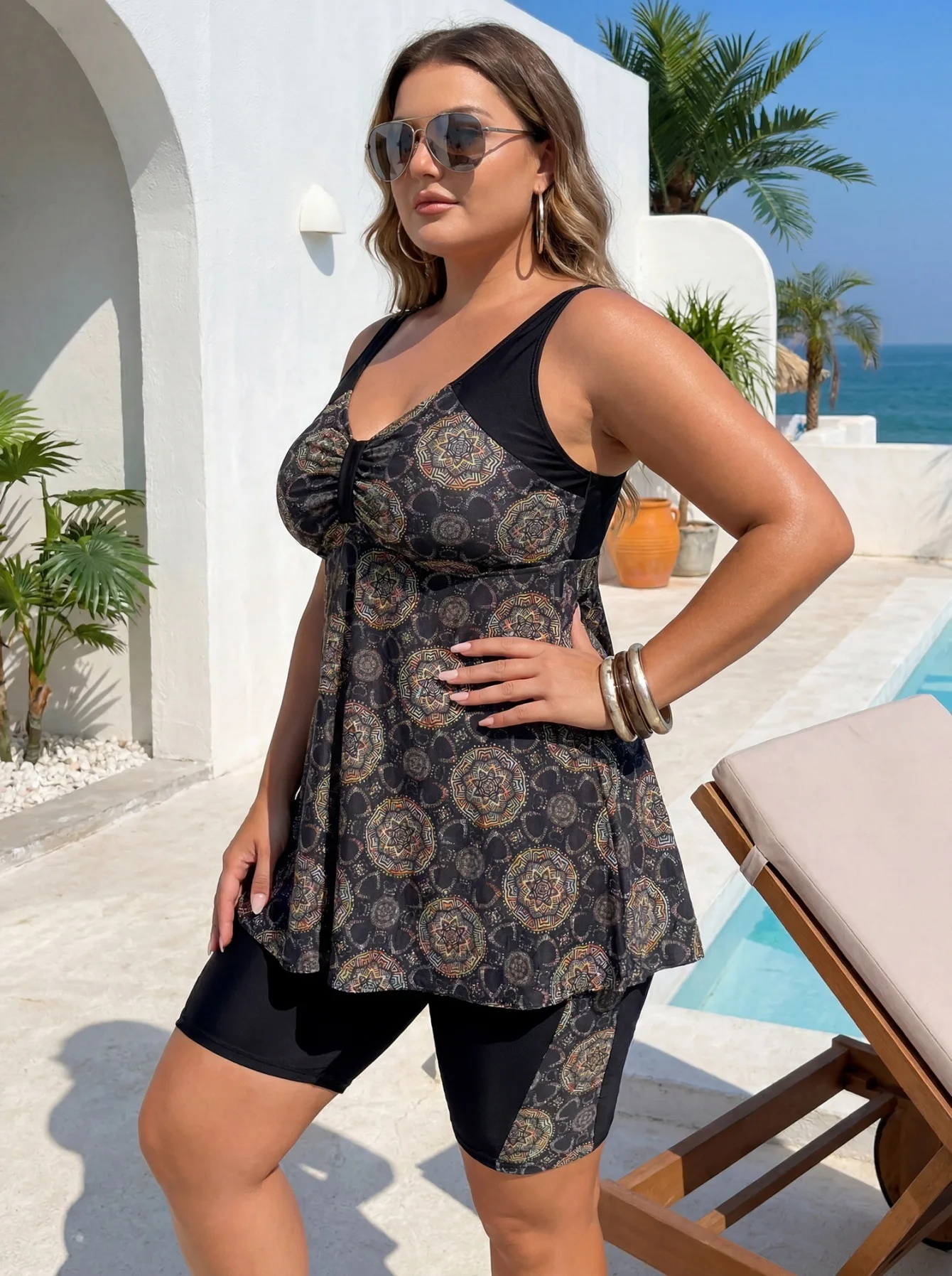 New Plus Size 2 Piece Tankini Swimwear Women Boho Mandala Print V Neck Ruched Swing Top & Knee Shorts Tummy Control Bathing Suit
