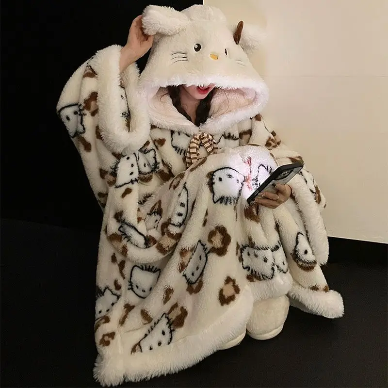 Hello Kitty Super Cute Leopard Print Winter Velvet Girl's Hooded Long-sleeved Cozy Soft Thickened Warm Bat-sleeve Cape Nightgown
