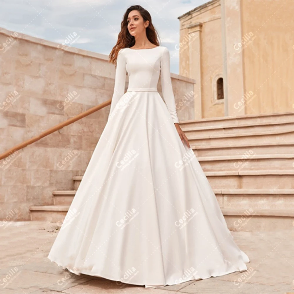 

Simple Wedding Dresses Muslim Bridal Gowns Full Sleeves Robes For Formal Party Illusion Back Glamorous Vestidos De Novia 2024