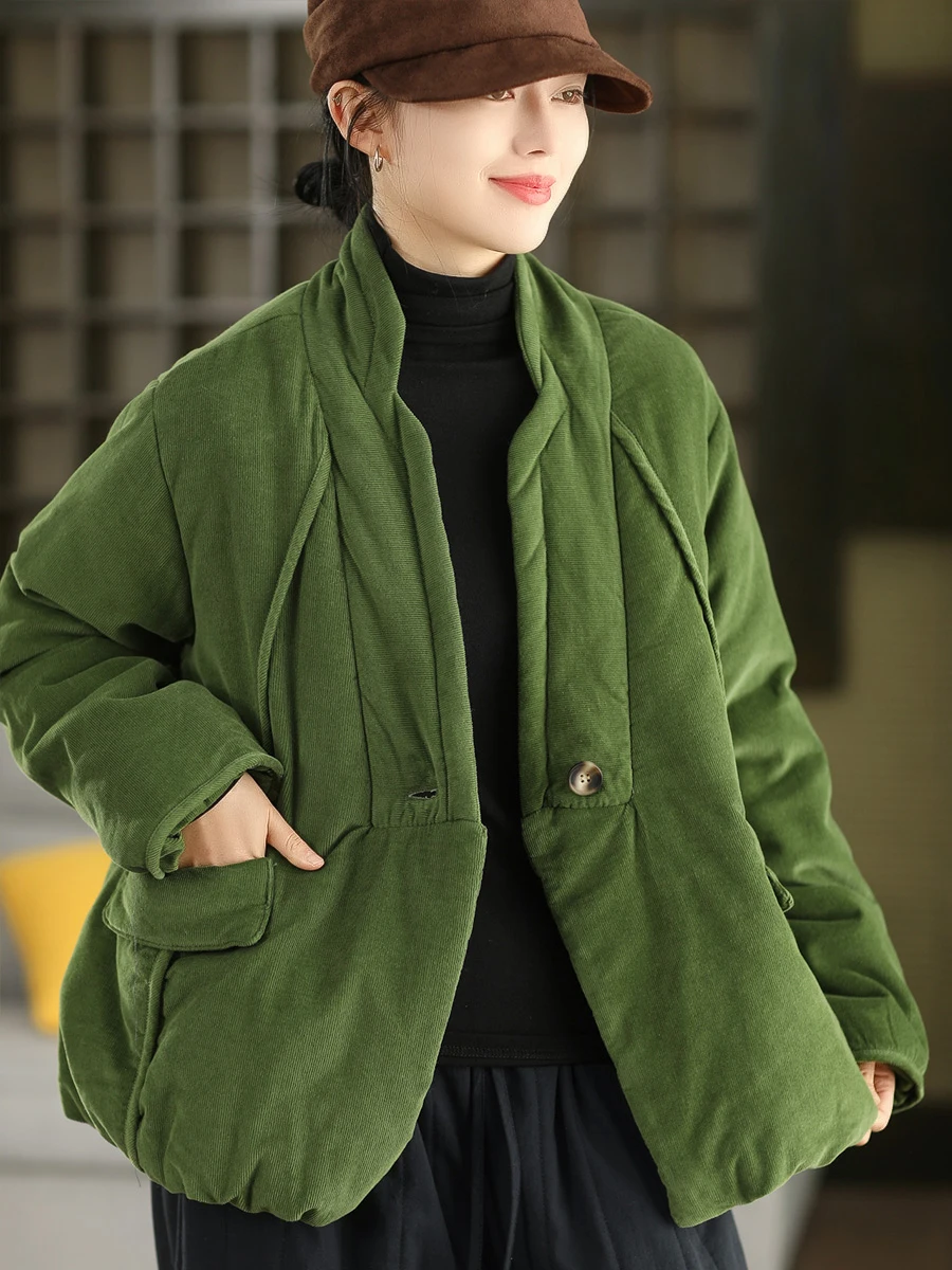 

Утепленная хлопковая фланелевая куртка для женщин: теплая зимняя куртка в стиле ретро с V-образным вырезом, длинными рукавами, стандартным кроем, повседневная, комфортная, на хлопковой подкладке