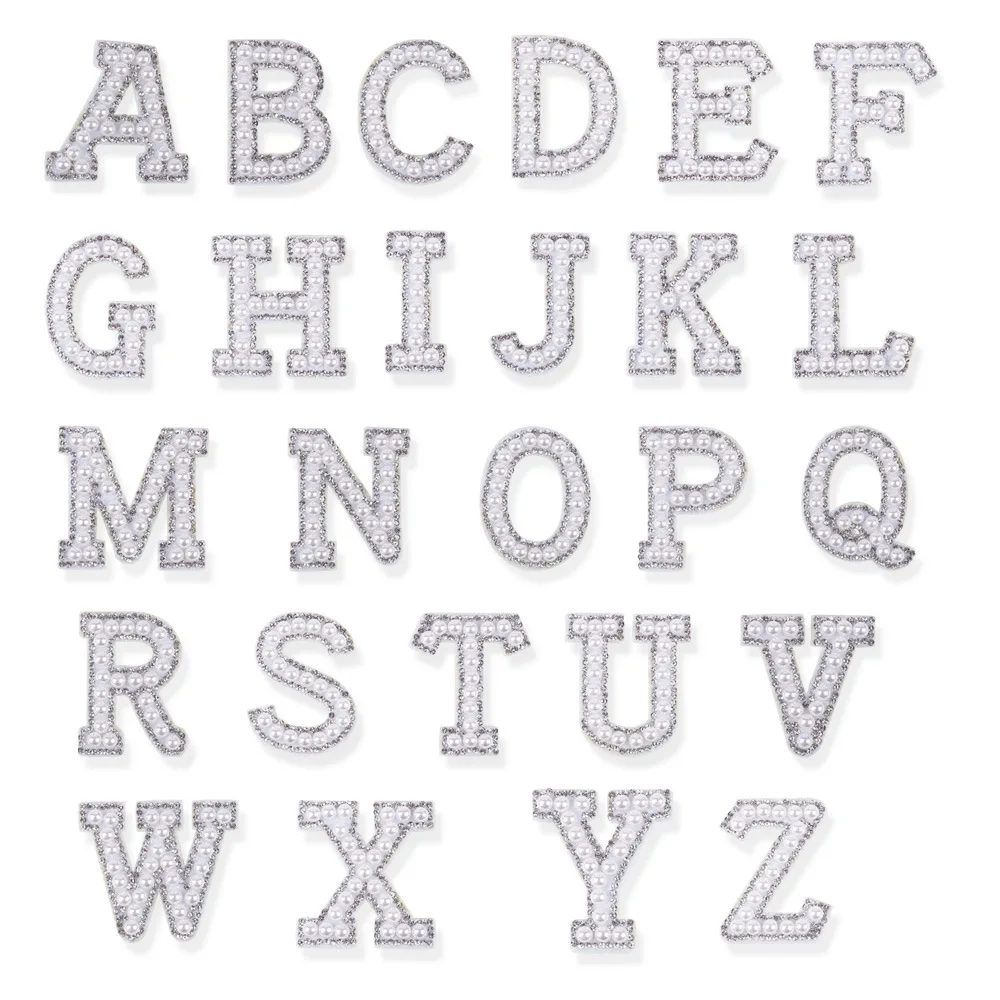 26 English Letter Personalization Diy Name Patches Stickers Silver Diamond Pearl A-Z  On Patch For Bag Clothing Badge Applique