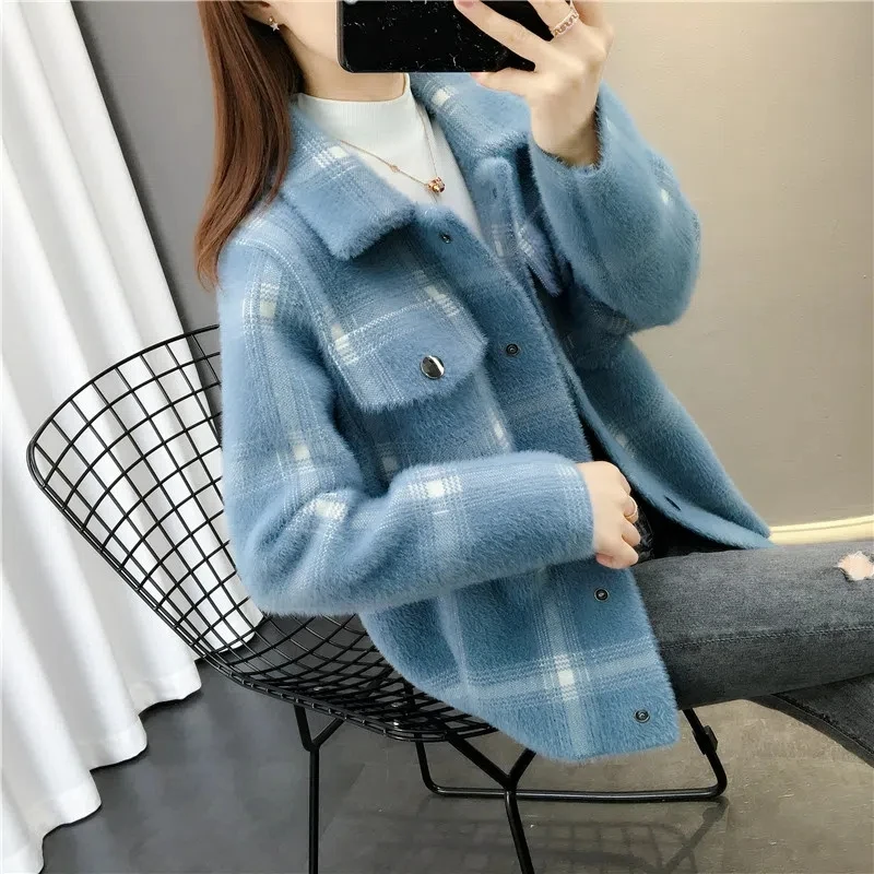 Women Imitation Mink Short Coat 2025 New Autumn Winter Jacket Loose Plaid Knitted Sweater Cardigan Coats Female Tops Outerwear