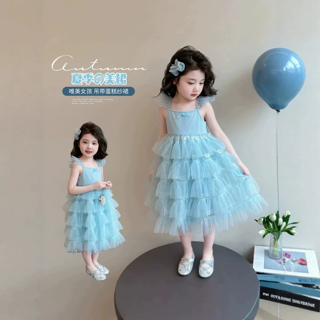 New summer suspender cake skirt girls princess gauze birthday dress yarn
