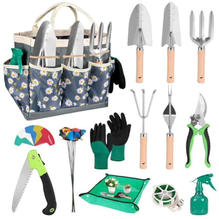 

62-Piece Heavy-Duty Garden Tool Set with Stainless Steel Shovel Repotting Mat Pruning Shear Durable Gardening Tool Bag in Black