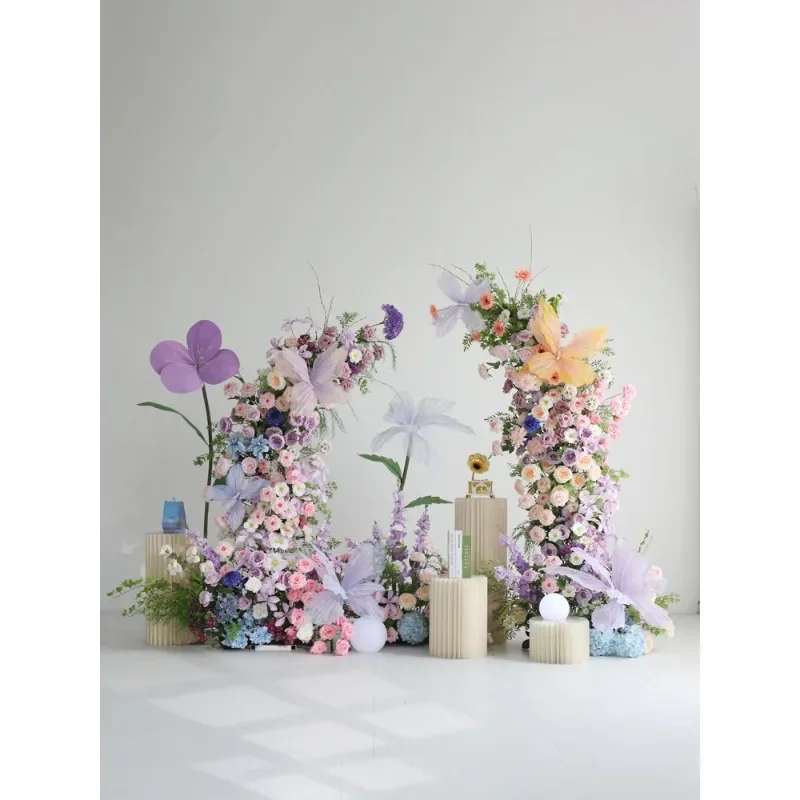 *a& Monet Garden Butterfly Floral Arch Simulation Flower Landscape Purple Wedding Scene False Flower Decoration