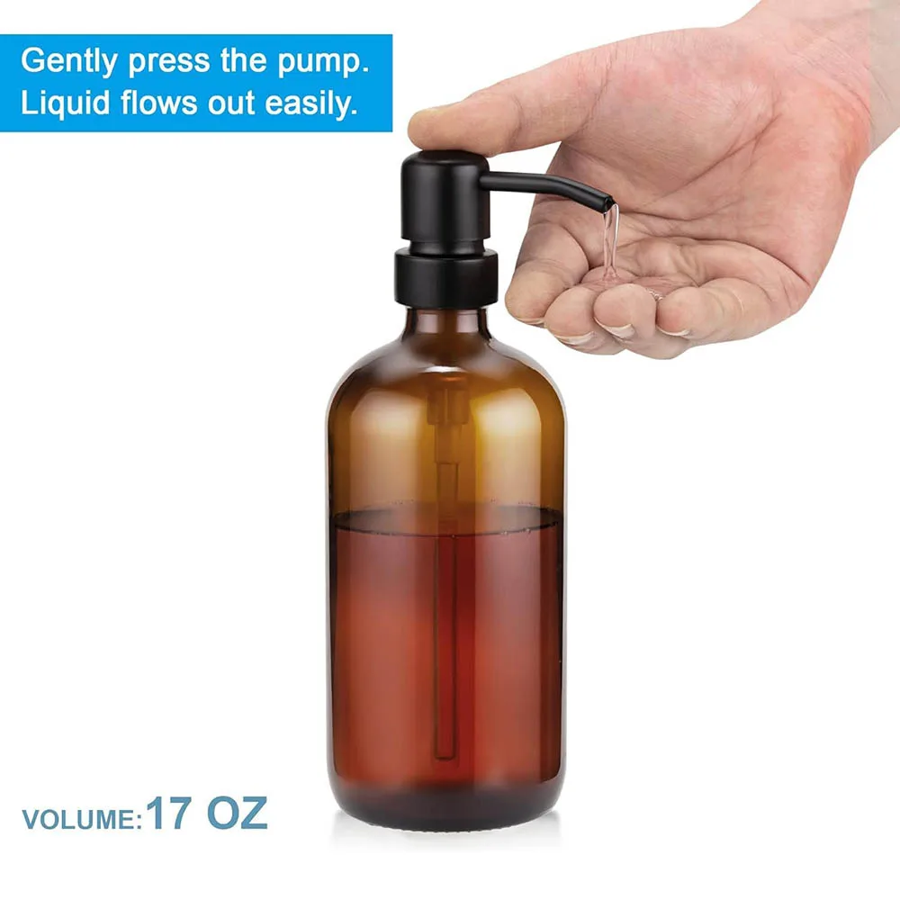 Amber Glass Soap Dispenser with Black Pump, Liquid Hand Soap Dispenser for Bathroom, Kitchen Dish Soap Dispenser, 16Oz 500ml view 5