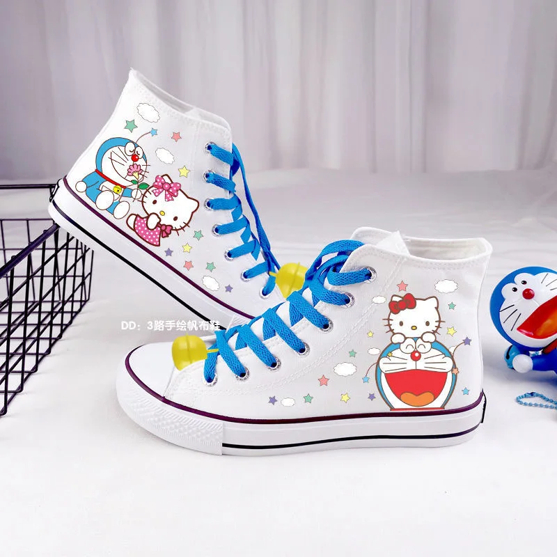 

Doraemon Hello Kitty high top canvas shoes, female student collaboration graffiti, explosive cartoon hand drawn board shoes