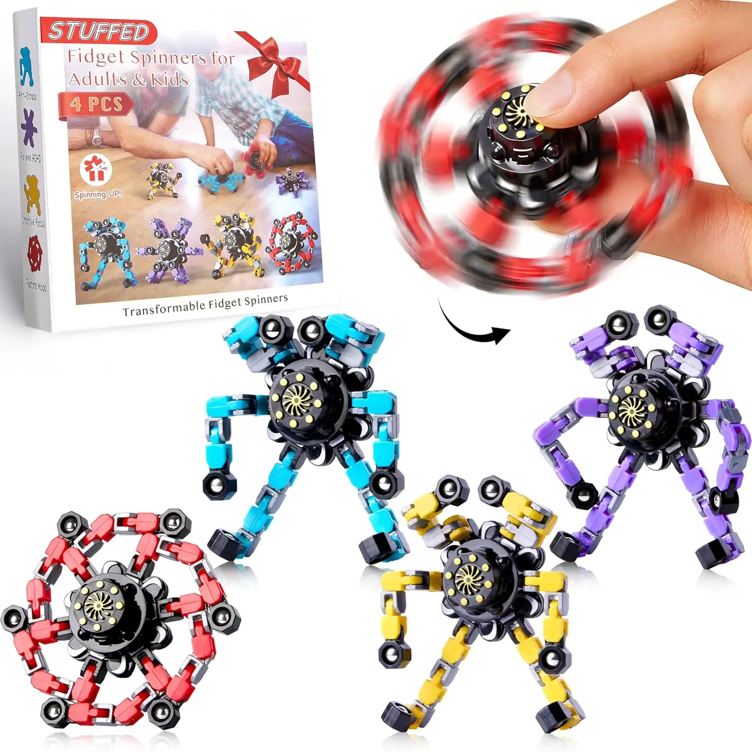 

Набор из 4 трансформируемых спиннеров для детей и взрослых, сенсорные игрушки для снятия стресса с дизайном робота