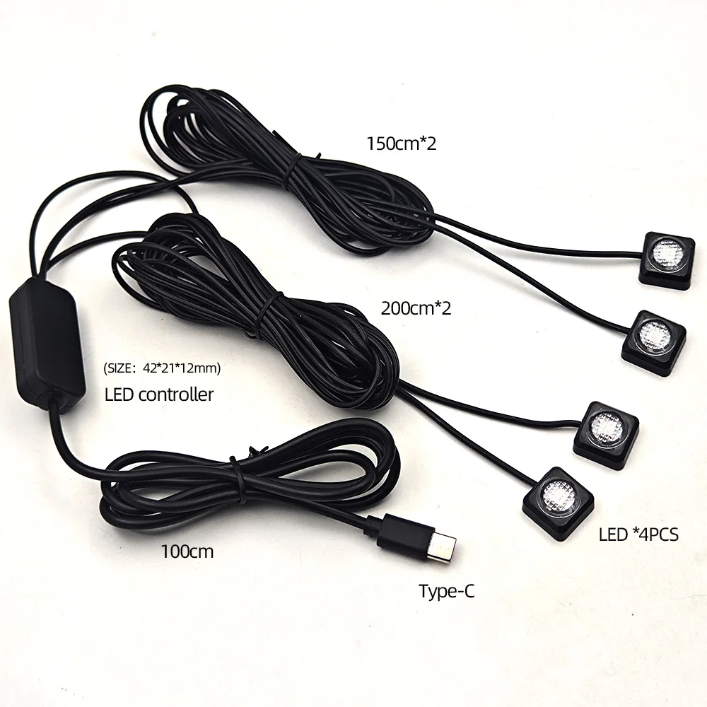 Type C Plug Car Footwell Light RGB Multi-color Bluetooth APP Remote Control Small Size Light Easy to Install Square LED 1818
