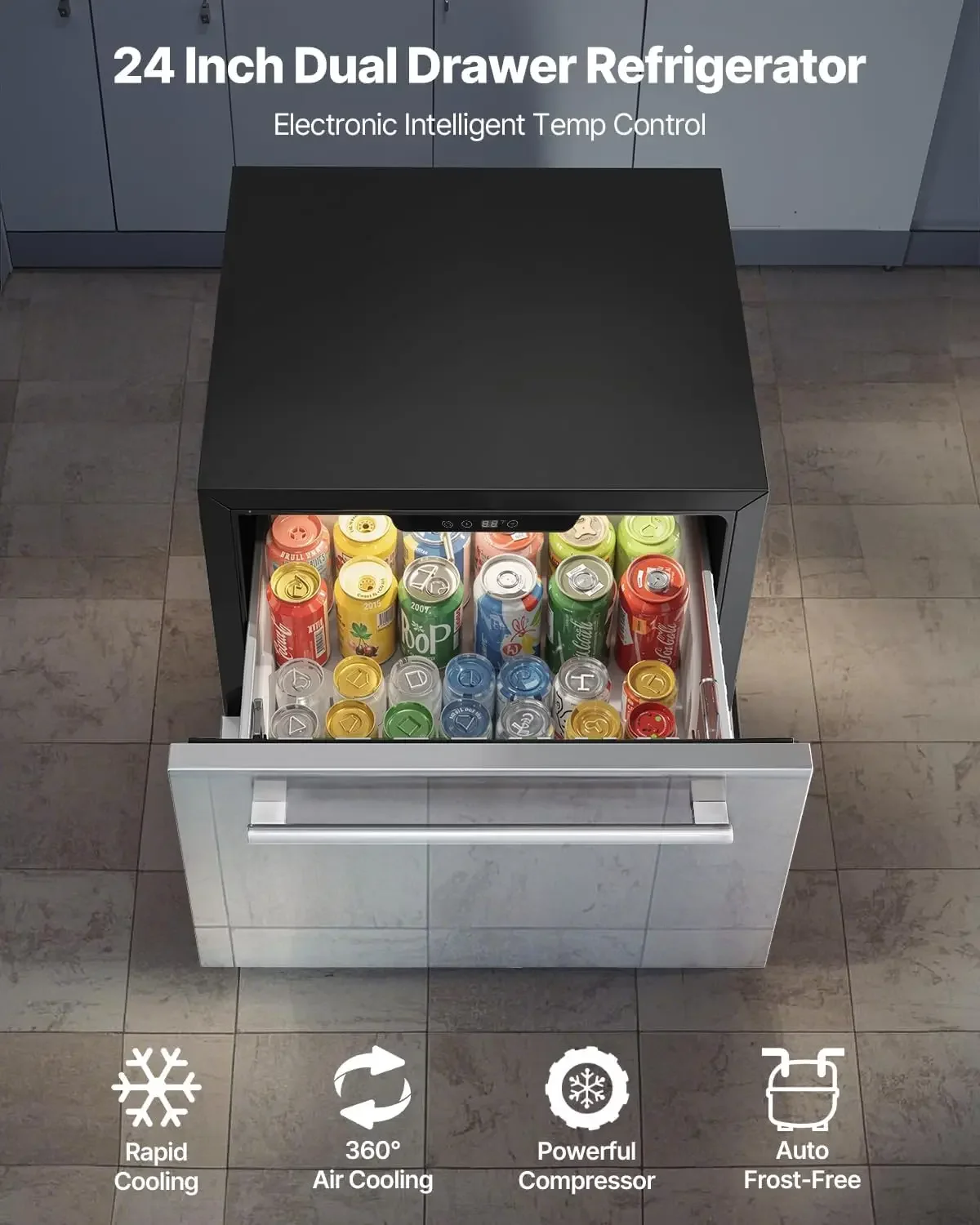 Under Counter Drawer Refrigerator 24 In Stainless Steel Fridge with Temperature Control Dual Drawer Refrigerator with Powerful