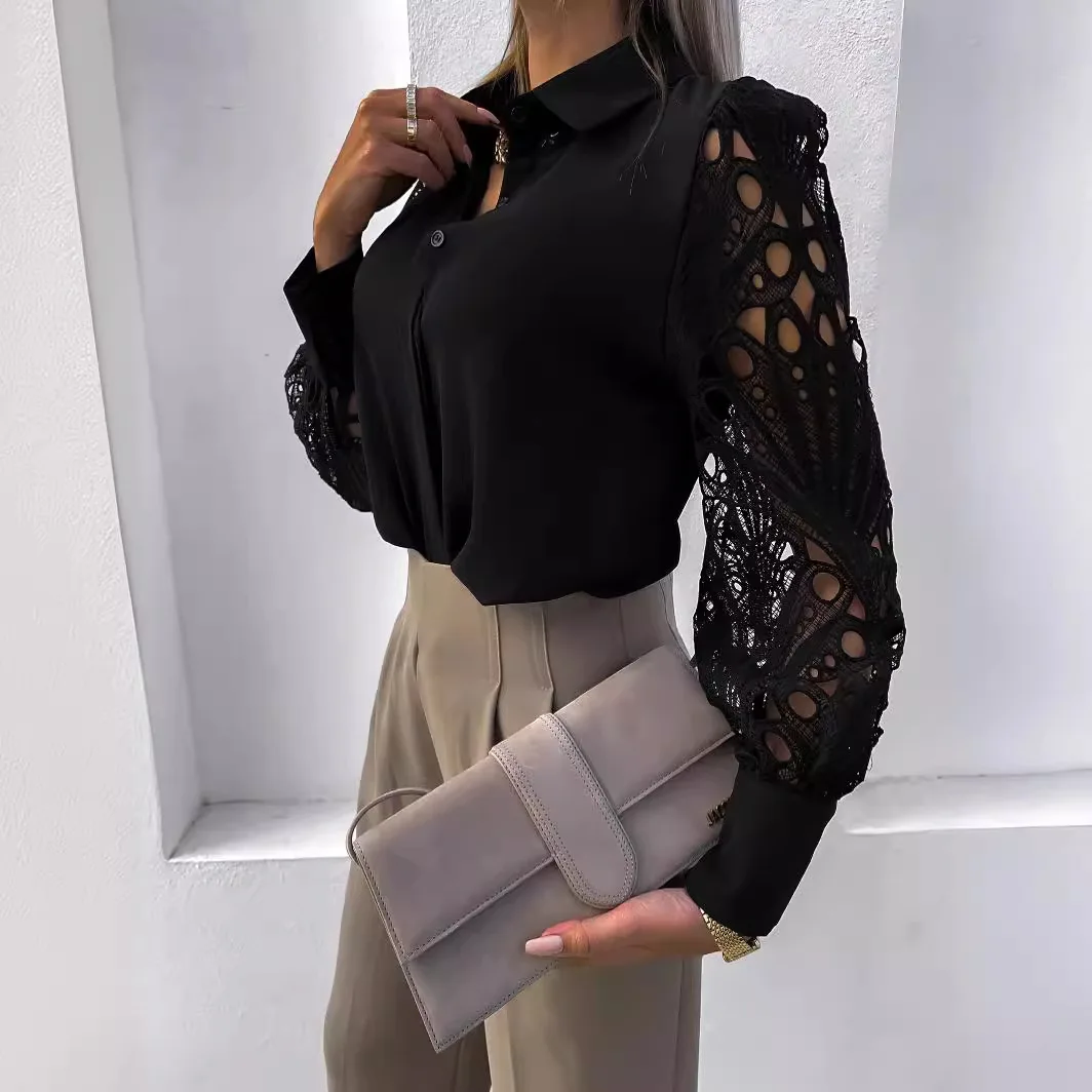 Spring And Autumn Woman Fashion Black And White Lace Splicing Blouse Elegant Women Long Sleeve Hollow Collar Office Shirt S-XXL