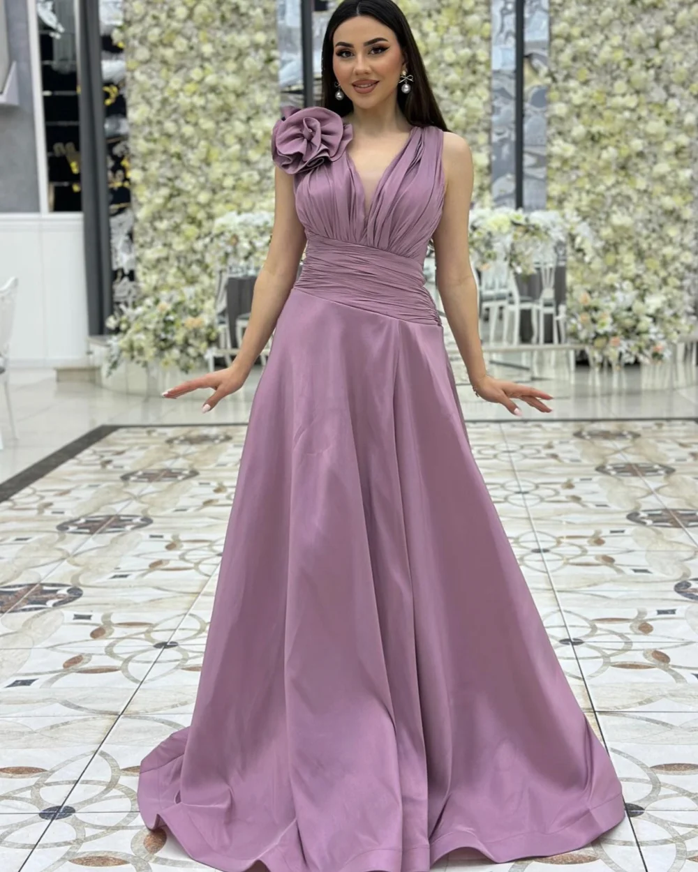 

Customized Modern Style Matching Handmade Flower Ruched A-line V-neck Long Dresses Bespoke Occasion Dresses Sizes Available Sexy