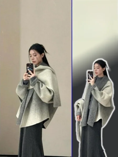 

plus Size Women's Double-Faced Woolen Scarf And oulder Bag Two-Piece Set for Autumn And Winter Loose Fit Versatile Sles