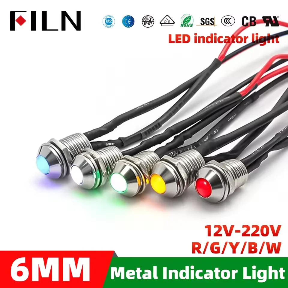 

FILN 5pcs 6mm12v 24v 110v 220v Metal Indicator LED Lights Guide Panel Dashboard Signal Warning Lights 20cm Cable For Car Panel