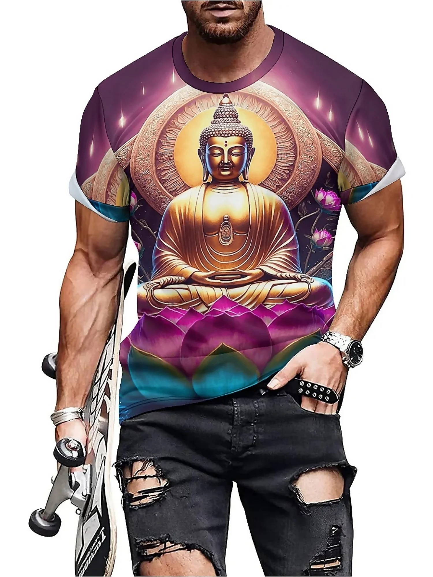 Men's Hip Hop Graphic T-Shirt - 3D Print Geometric Buddha Meditation Design, Oversized Loose Fit 100% Polyester