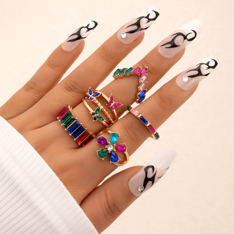 Bohemian Colorful Crystal Geometric Rings Set For Women Rhinestone Butterfly Flower Charm Finger Ring Girls Fashion Jewelry