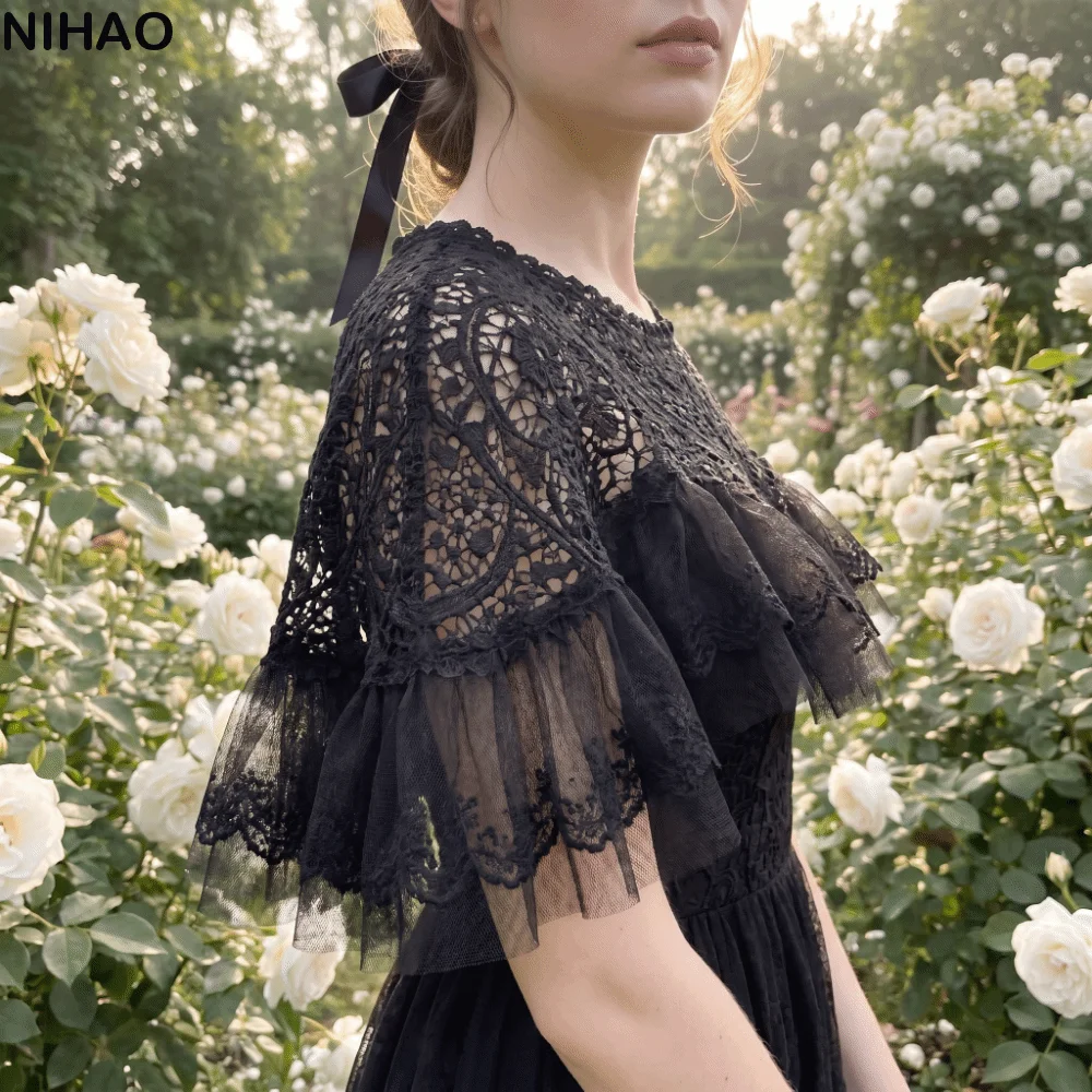 

Elegant Vintage Cheongsam Crochet Tippet Mesh Trim Lace Hollow-Out Shawl Black White Shawl Cape Coat Evening Dress