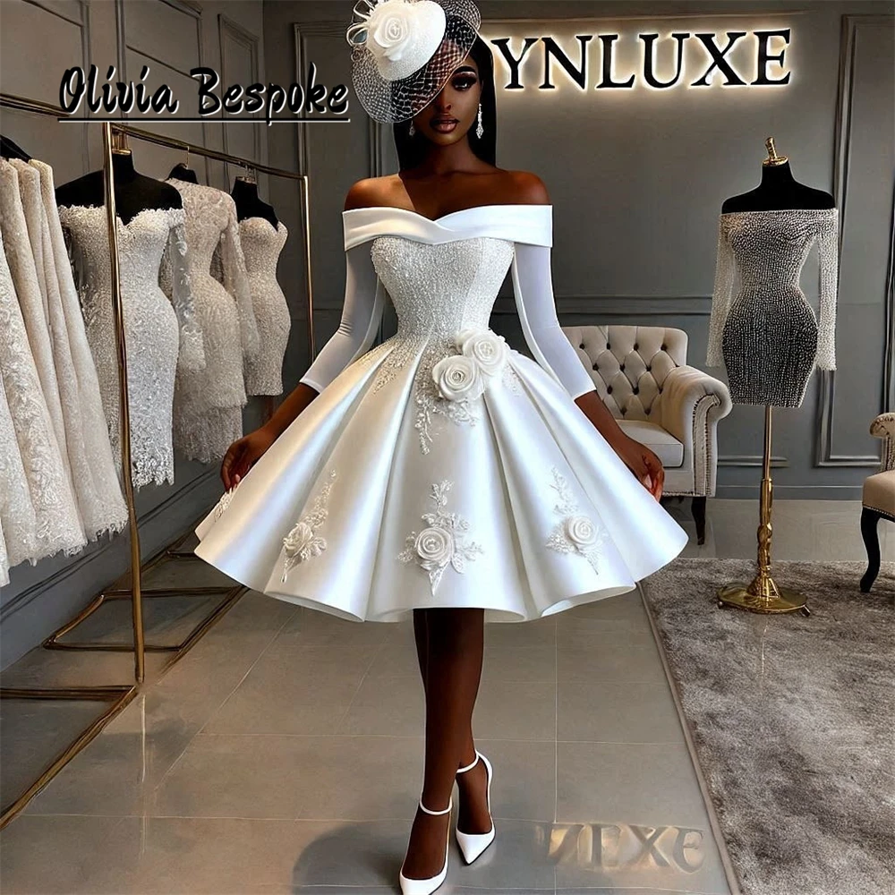 

Engaging Off The Shoulder Wedding Dresses For Women 2025 Long Sleeves Beads Applique Aso Ebi Short Ball Gown African Customized