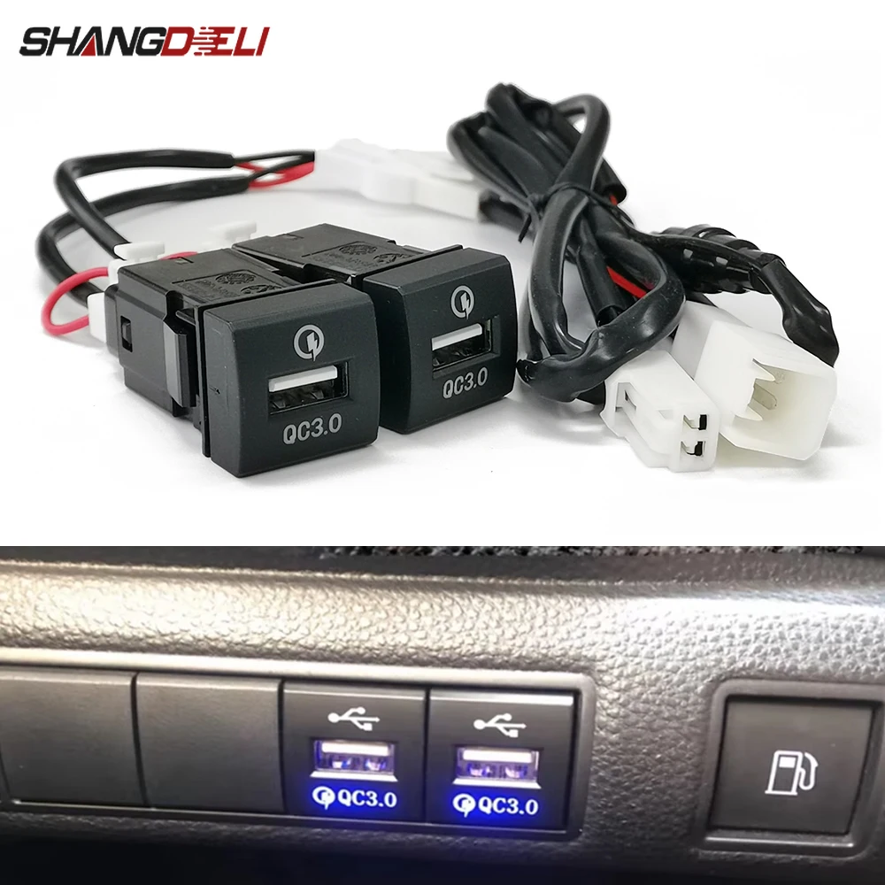 

Blue LED Car Dual Charger QC3.0 USB Phone Charging Interface Socket Compatible For Toyota Prado Rav4 Camry Corolla 18-22