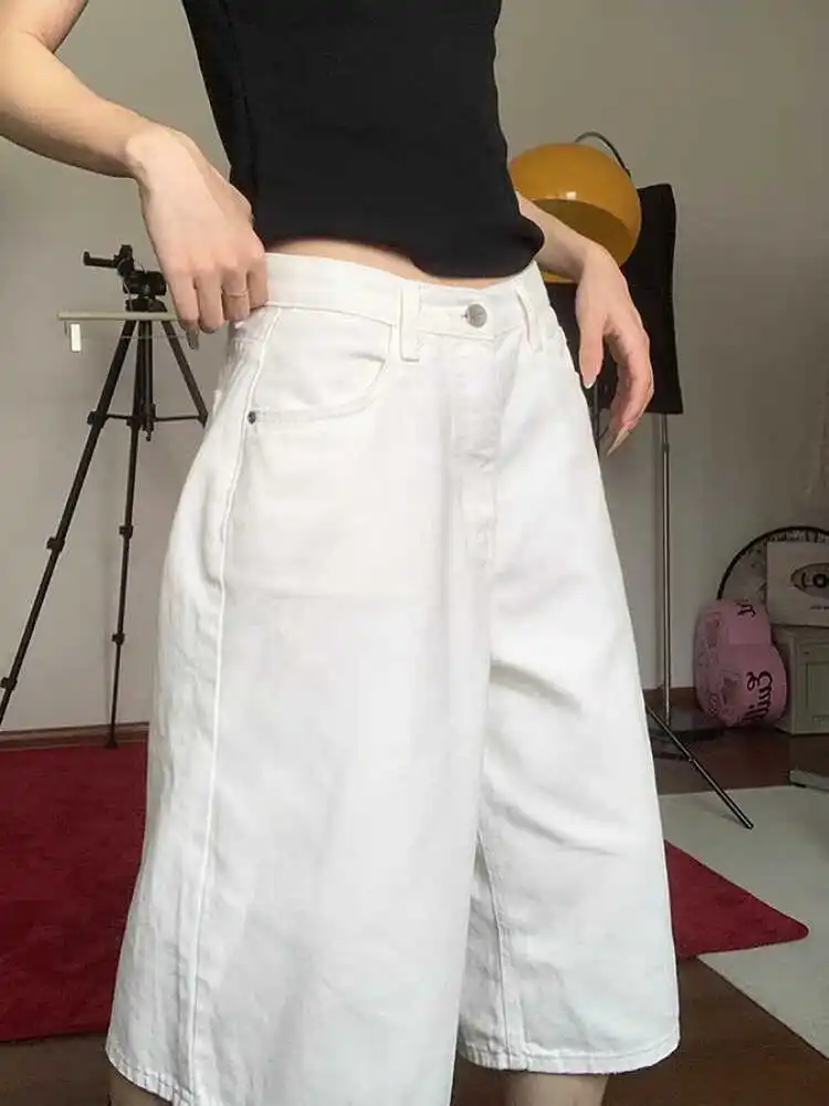 

American High Street Vibe Retro White Wide Leg Jeans orts Loose Fit Straight Cut Summer Casual Youth Faion mid Waist Five...