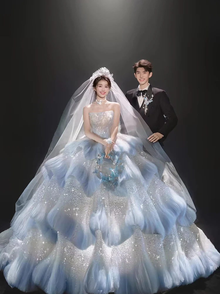 

Blue Jellyfish Cloud Bustle Gown 2026 New Photography Studio Theme Wedding Dress High-Definition Puffy Skirt for Taking Pictures