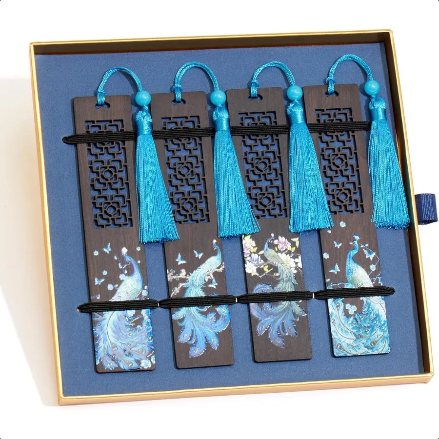 

4 Pcs Wooden Bookmarks with Tassels Comes in A Beautiful Gift Box Ideal Bookmark Gifts for Book Lovers Peacock