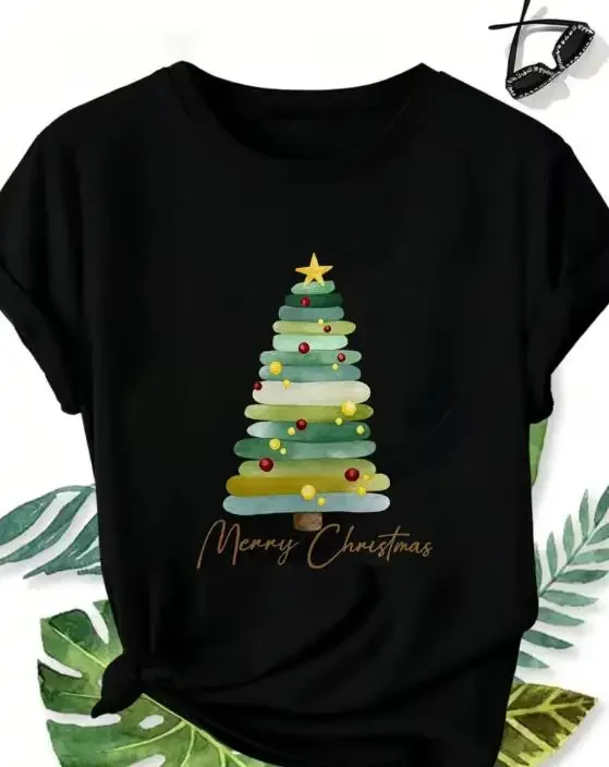 Watercolor Christmas Tree Women T Shirt Merry Christmas Graphic Printed Tees Minimalist Xmas Holiday Party Short Sleeve Casual Aesthetic Clothing