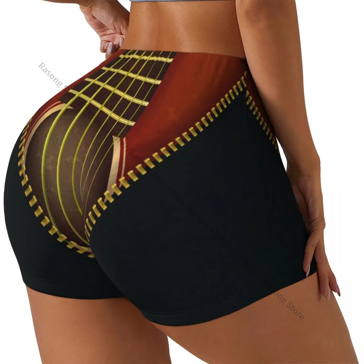 Women's Yoga Shorts Abstract Music Vintage Guitar And Open Zipper Scrunch Booty Butt Lifting Comfort Fitness Gym