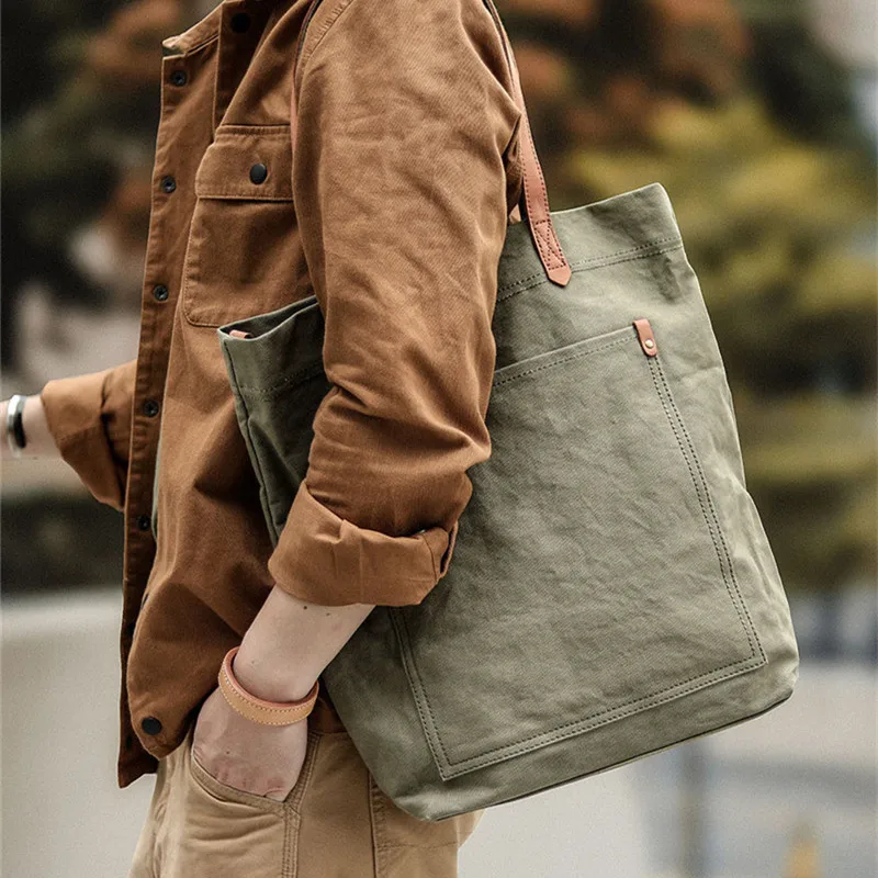 Vintage canvas genuine leather men's tote bag outdoor luxury work