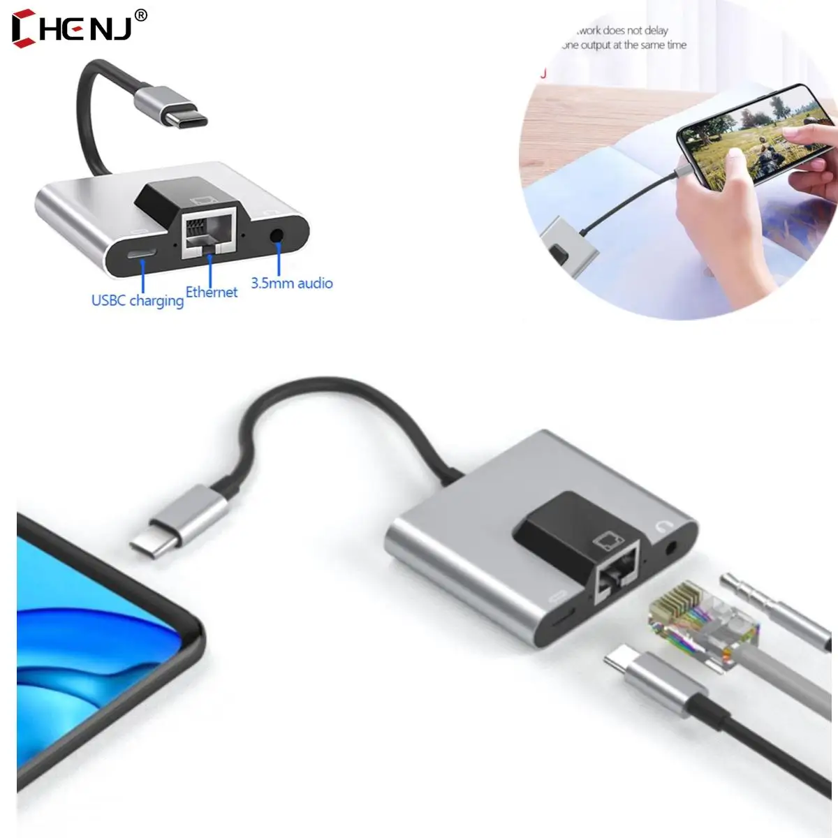 Type-C to Ethernet LAN Network Adapter Hub USB C to 3.5mm Audio PD Fast Charging Docking Station For Laptop Mobile Phone Tablet