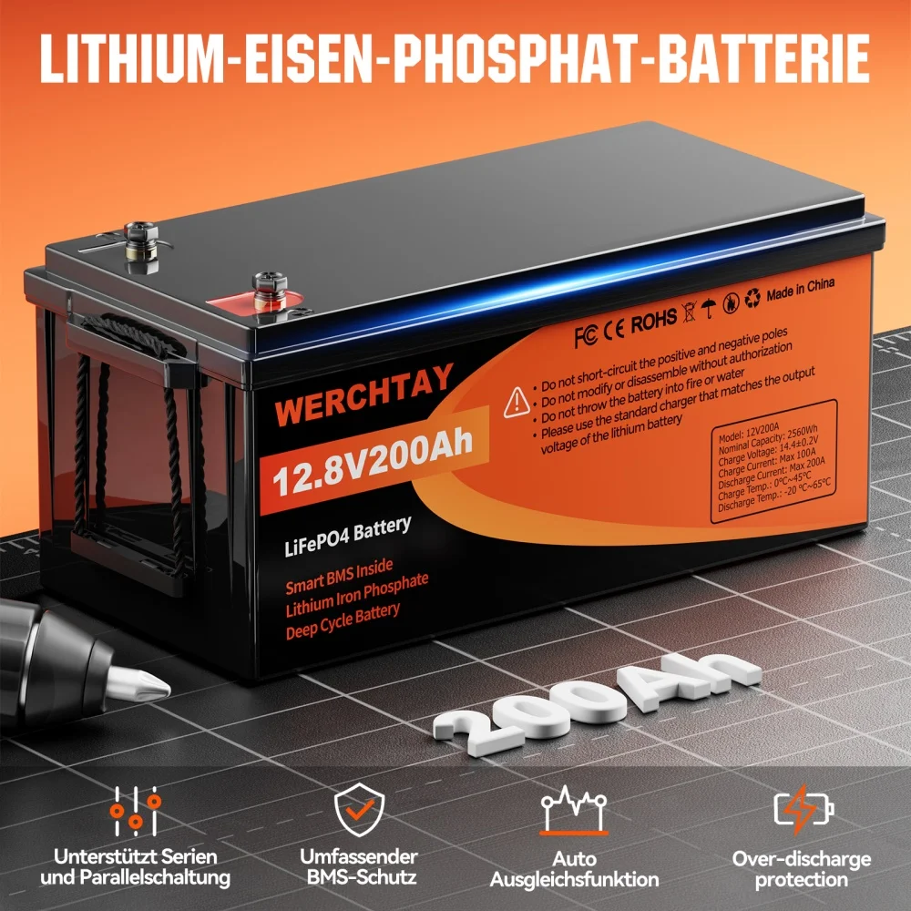 

WERCHTAY 12V Lithium Battery 200AH Nominal Capacity 2560W LiFePO4 Battery With BMS Solar Portable Rechargeable Deep Cycle