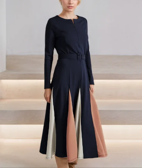 

Womens Dresses 2025 Spring Autumn New Fashion Color Blocking Long Sleeved Casual Round Neck A-Line Long Dress with Belt