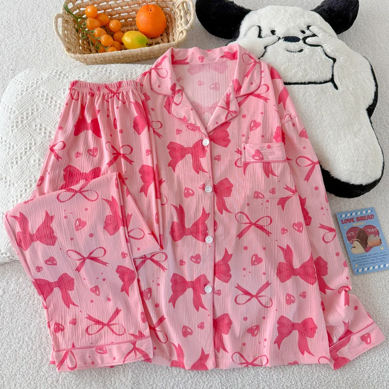 Japonais doux rose et tendre grand nœud printemps et automne vêtements de nuit à manches longues Cardigan extérieur pyjamas ensemble décontracté maison vêtements