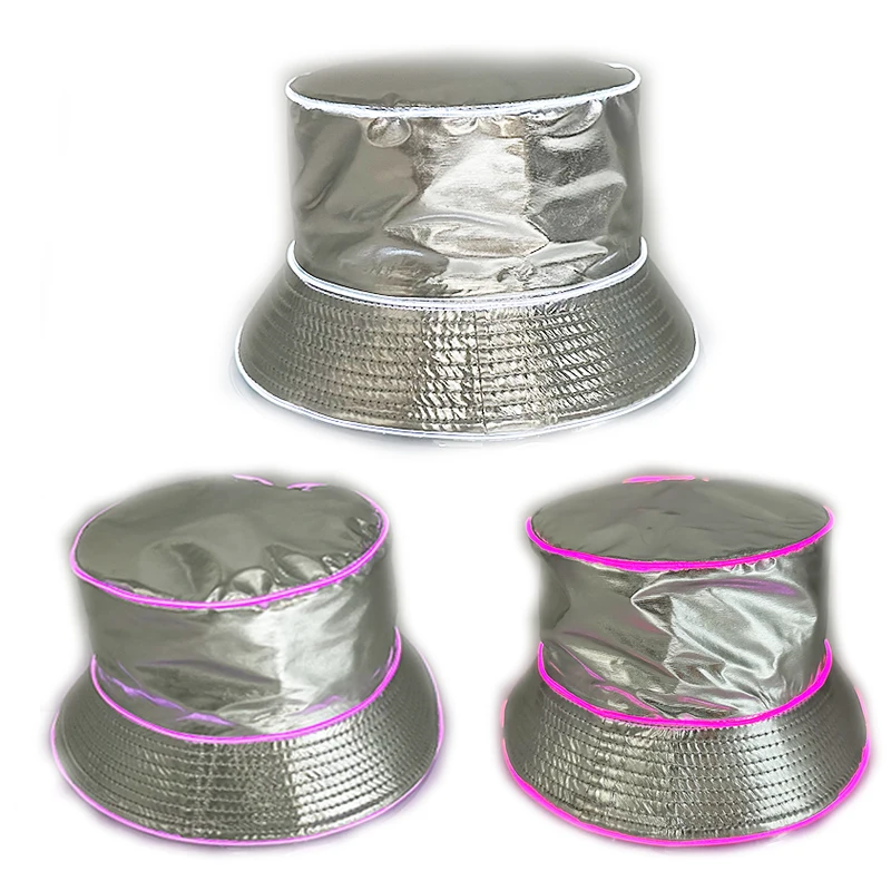 2024 Cool Silver Patent Leather Wireless Glowing LED Bucket Hats for Men Women Fisherman Hat Outdoor Sunscreen Caps Dance Décor