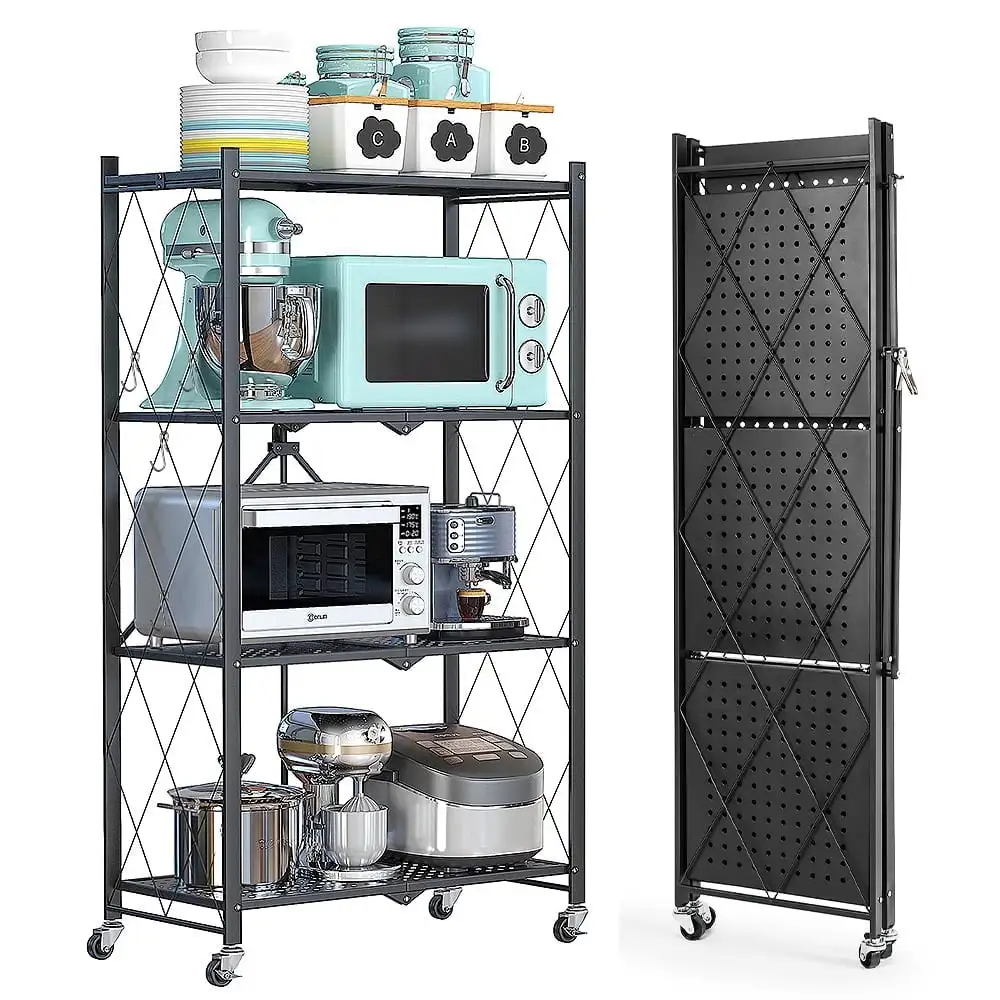 

5 Tier Storage Shelves with Wheels 27.9''x 13.4'' x 62.5'' Collapsible Kitchen Rolling Cart,Metal Garage Shelving,Foldable Shelf