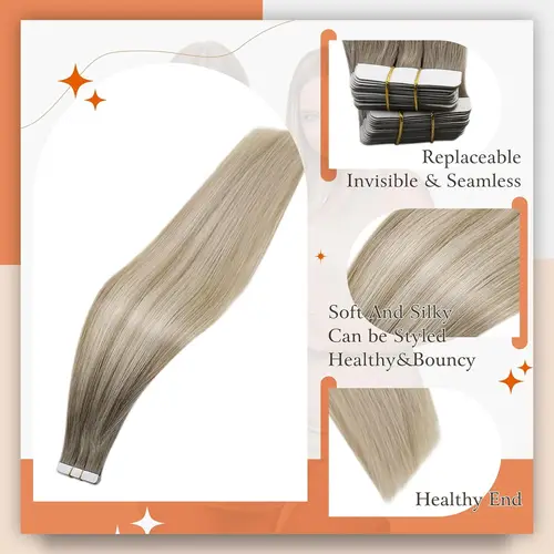 Imagen 2 del producto Cinta de brillo completo en extensiones de cabello humano Balayage Color rubio Omber 100% cabello humano trama de piel pegamento en cabello Remy sin costuras