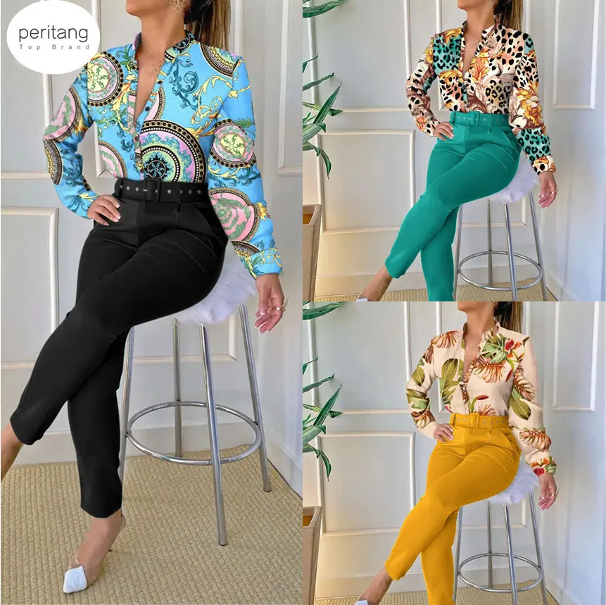 Elegant Two Piece Sets Womens Outifits Vintage Officee Lady Baroque Print Button Long Sleeve Top & Work Pants Set With Belt