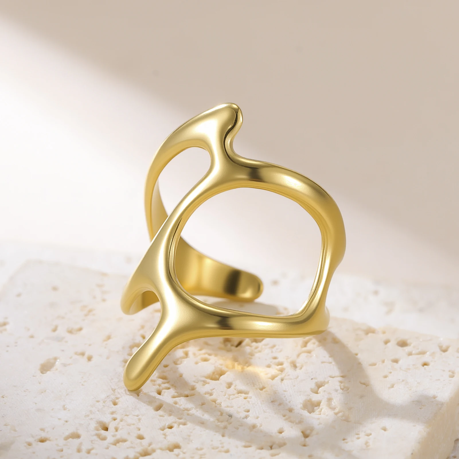 COOLTIME Edelstahl Wasserdicht Ring Mode Vergoldet Unregelmäßige Hohl Offene Ringe Multi-schicht Anillos Schmuck – Detail 3