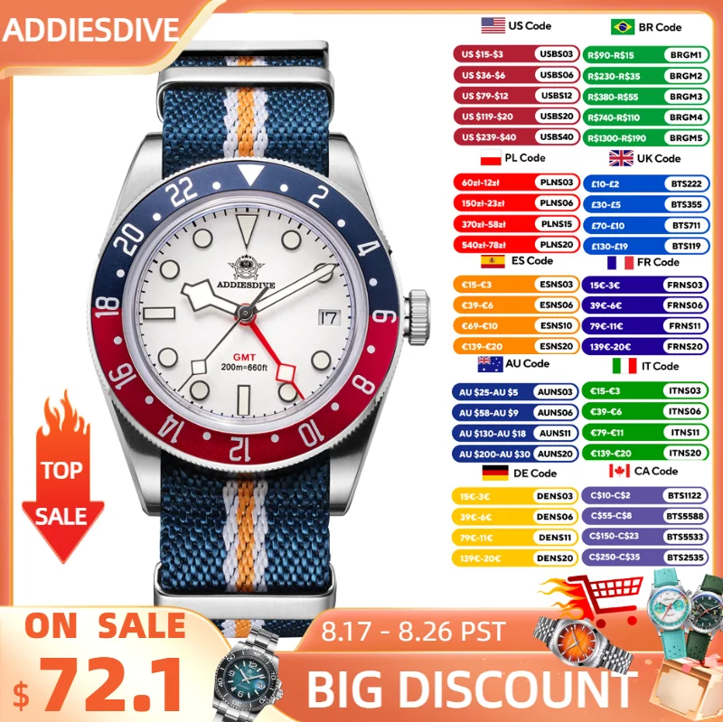 ADDIESDIVE GMT Quarz-Armbanduhr, blau, BGW9, leuchtende Uhr für Herren, 39 mm, AR-Beschichtung, 200 m wasserdicht, Tauch-Business-Uhr