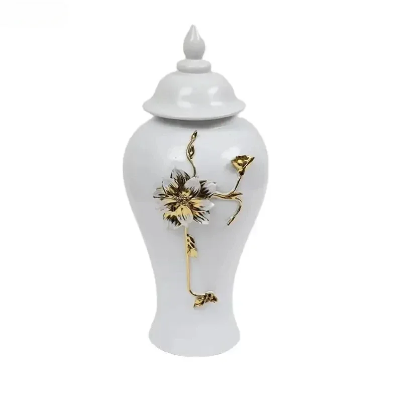 Golden Flower Relief Ceramic Storage Jar Floral Vase White General Tank Ginger Jars Porcelain Jewelry Jars Cosmetic Containers