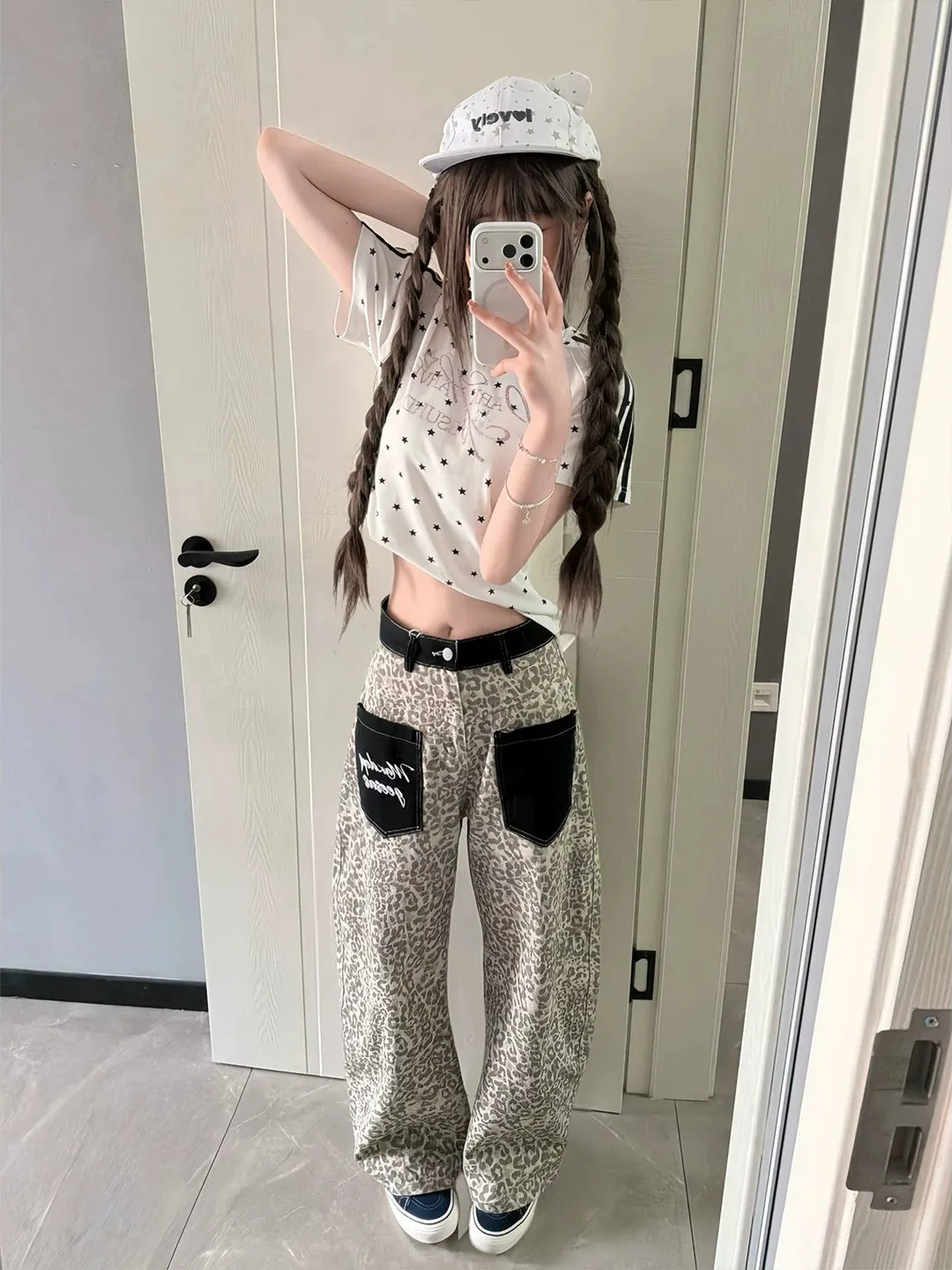 American Retro Leopard Print Knife  Jeans High Waist Straight Leg Wide Leg Casual Long Trousers for Men And Women