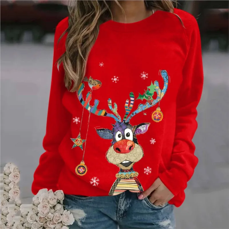 Red Christmas Ladies Long Sleeved Hoodie Cartoon Deer Snowflake Pattern Round Neck Pullover Hoodie Top Versatile Christmas Style