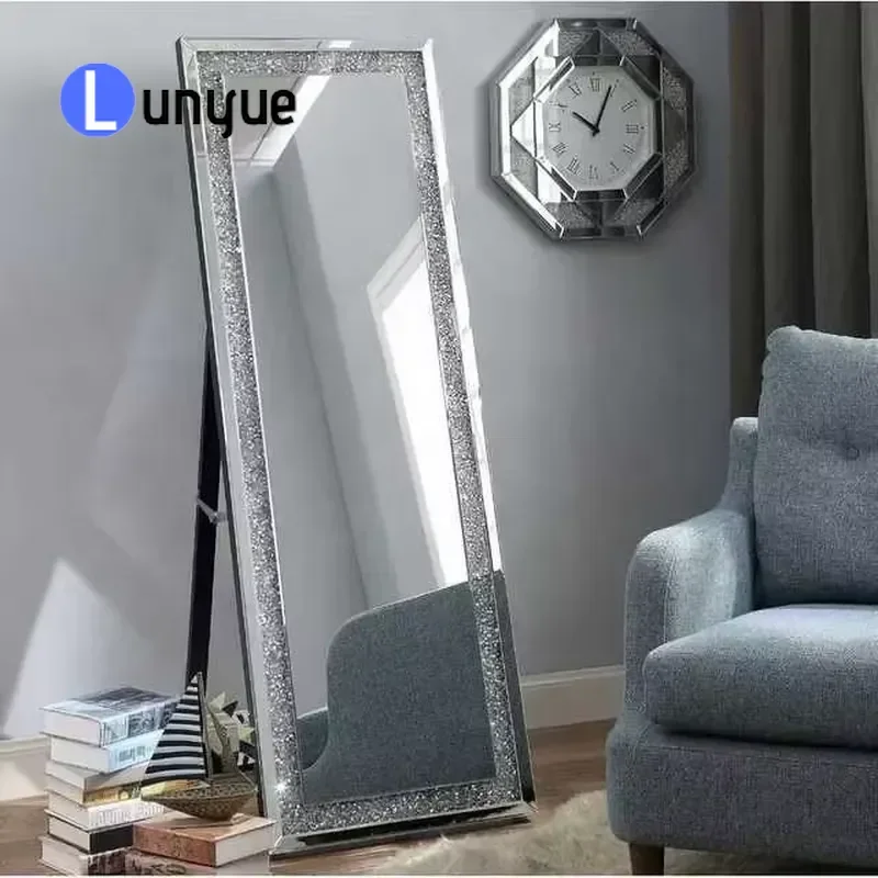 Classic Crushed Diamond Crystal Wall Mirror with LED Light Large Glass Bedroom Decor Home Decoration Wholesale